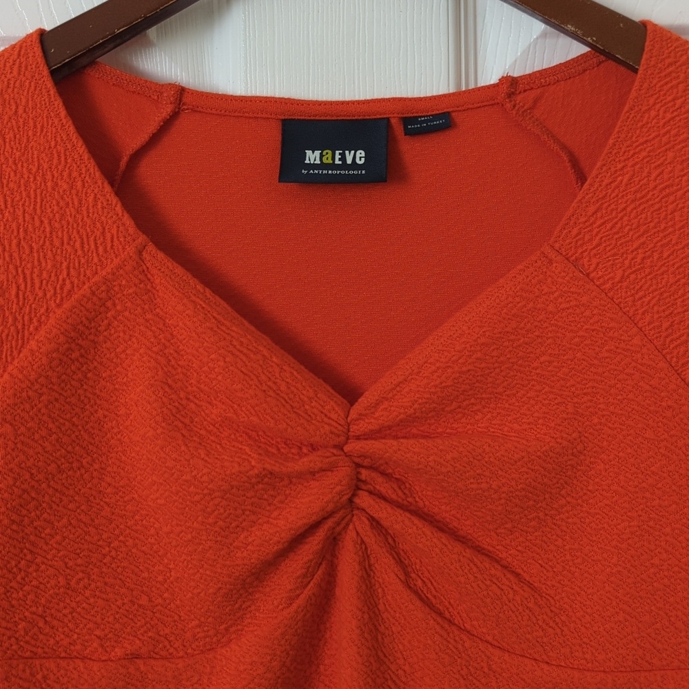 Maeve by Anthropologie Textured Ruched Bust Long Sleeve Cropped Blouse Orange S - Picture 2 of 9